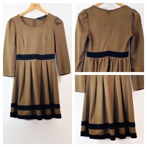 Taupe and Black Pleated 3/4 Length Sleeve Mini Dress